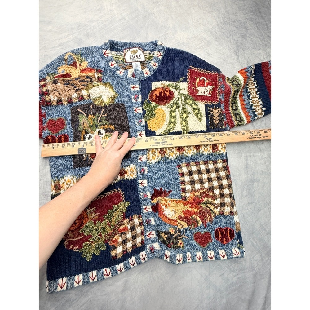 Vintage Chunky Sweater Farm Harvest Rooster Heavy Knit Cardigan sz L - Picture 10 of 12
